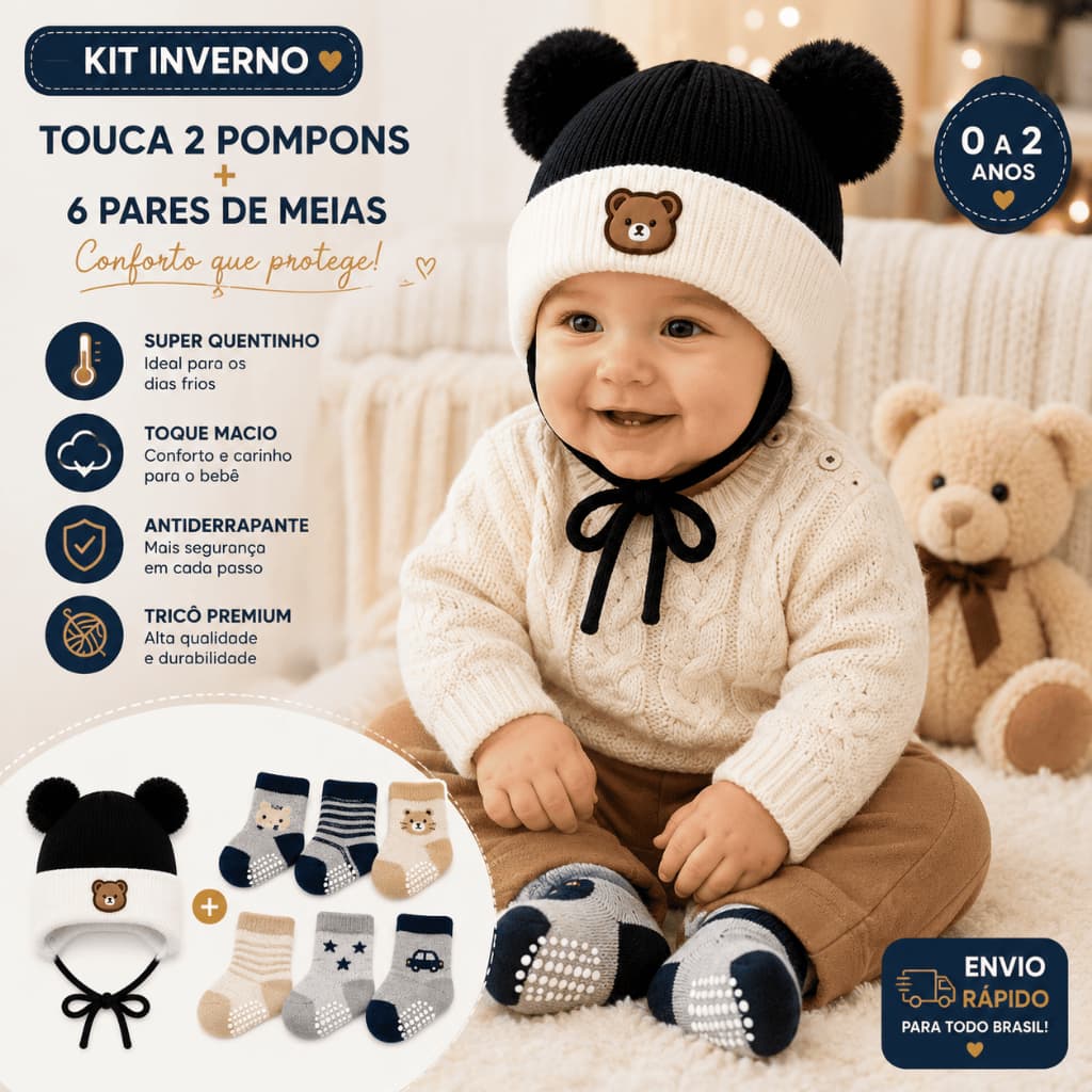 Kit Touca Forrada Ursinho + 6 Pares de Meia Infantil Touquinha Gorro Pompom Ursinho Infantil
