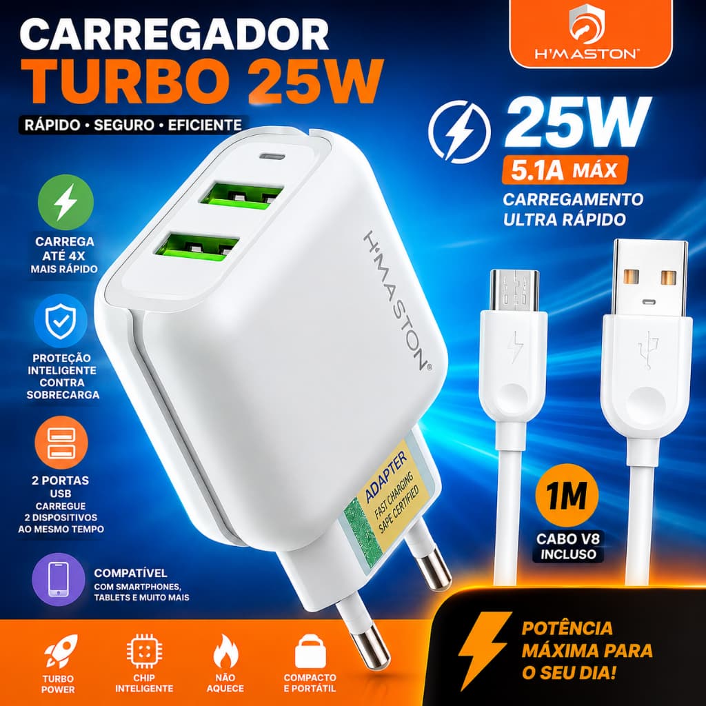 Carregador Turbo 25W Fonte Portátil H'Maston 5.1A Com Cabo Usb V8, Tipo C 2 Portas Usb