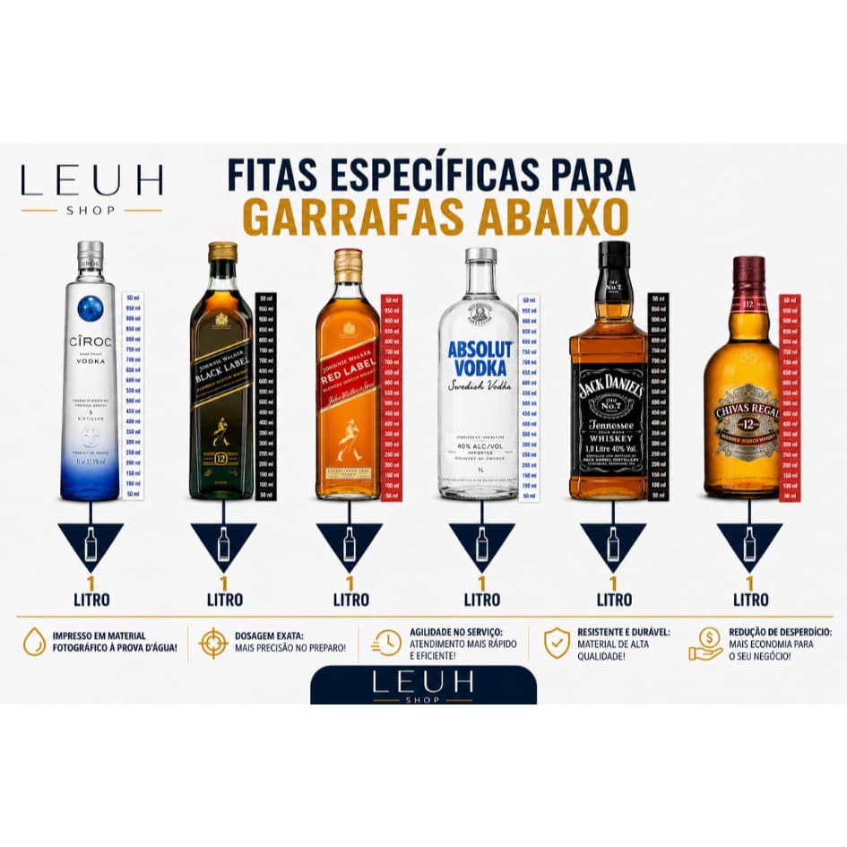 Kit com 100un Régua Dosadora de Bebidas | Fita Medidora para Garrafas | Controle de Doses para Bar, Restaurante e Adega