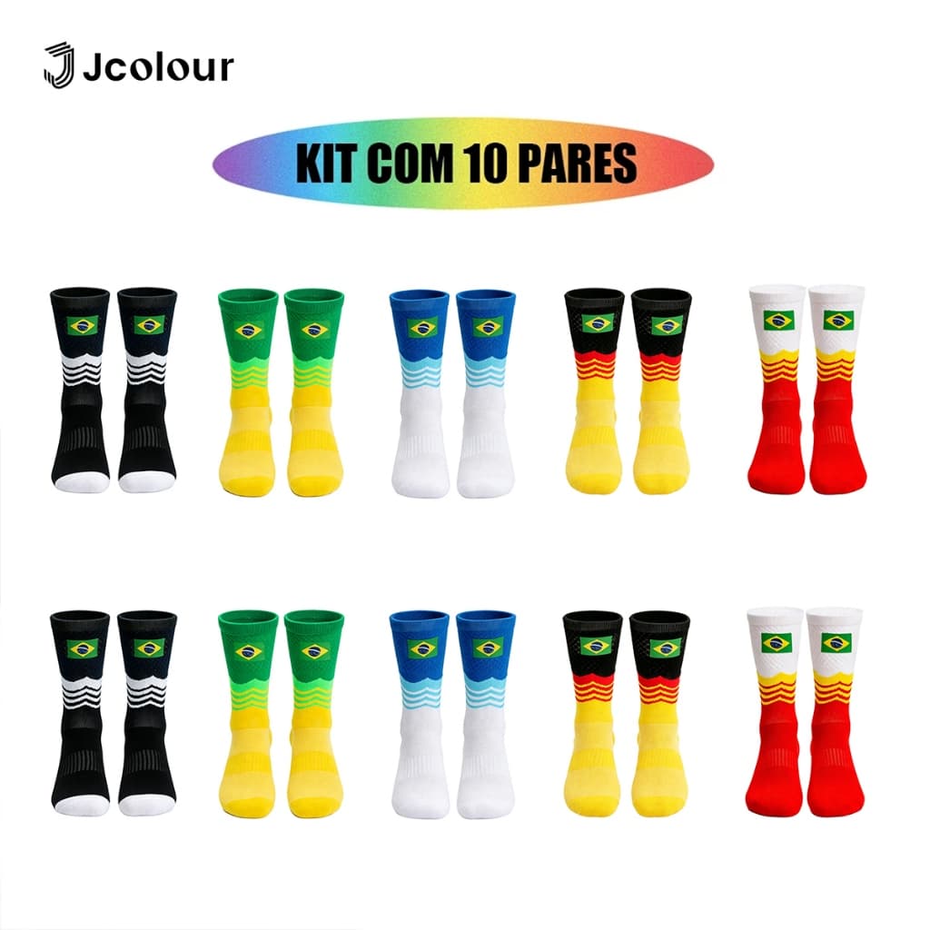 Kit 10 Meia de Futebol Antiderrapante Cano Alto Esportiva Academia Corrida Jcolour Confortável 40-46