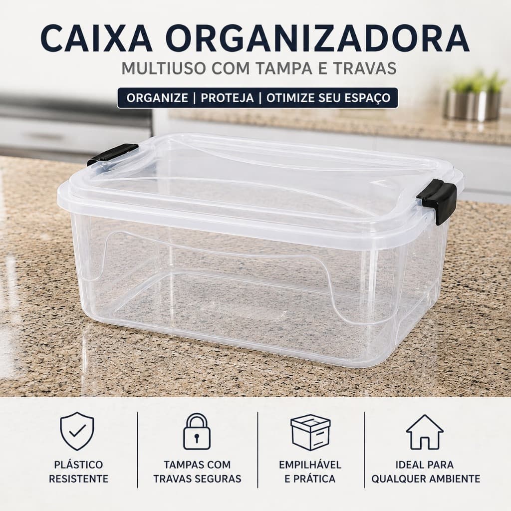 Kit Jogo 3 Organizadora, Bandejas Plásticas Retangular 9L com Tampa e trava  Multi Uso Frigorifera Organizadora Branca