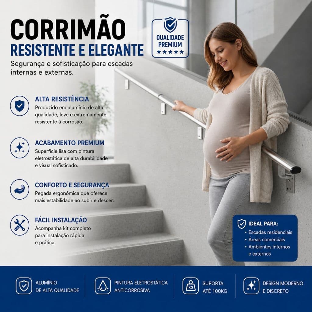 Corrimão Barra De Apoio Aluminio Chato Para Escada/ Parede 1,80 Metros Com Emenda e Fácil Instalação