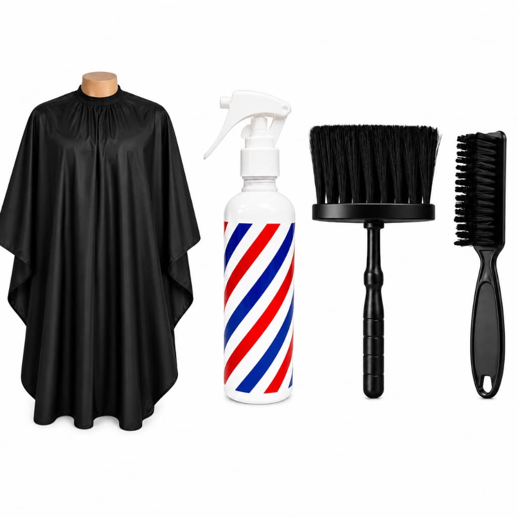 Kit Completo Barbeiro Capa Lisa de Corte Cabelo Espanador Borrifador Escova Disfarce  Profissional