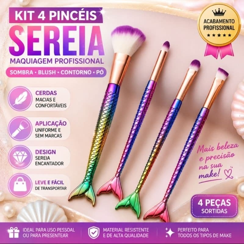 Kit 4 Pincéis Sereia Maquiagem Profissional Sombra Blush Contorno Pó Cerdas Macias Colorido Feminino sortidos