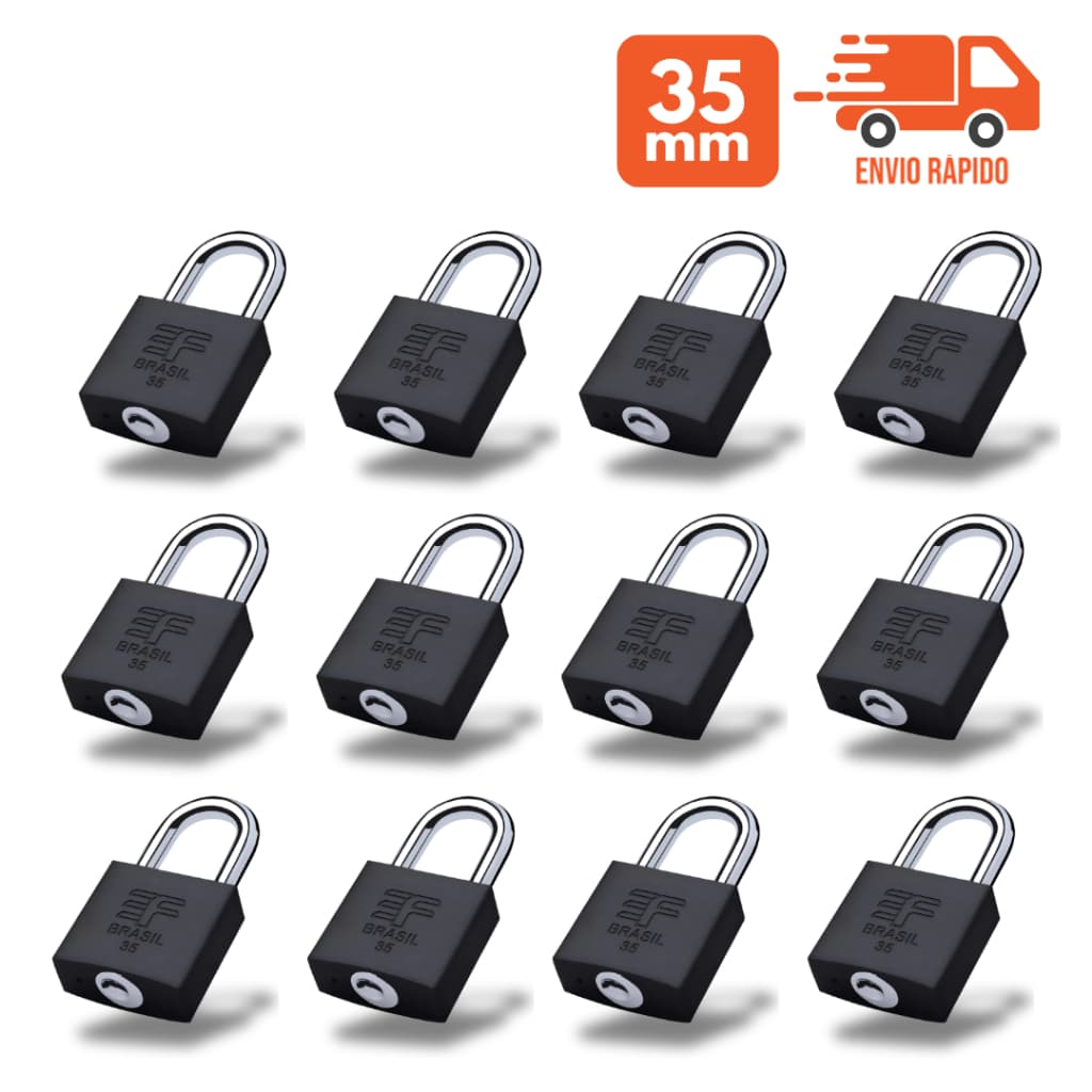 Kit 12 Cadeado Reforçado 35mm Preto Fosco 2 Chaves 3F Kit Zamac Inoxidavel Segurança