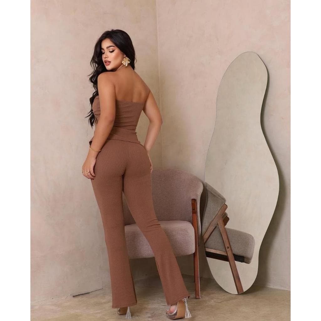 Conjunto Feminino Top Cropped tomara que caia + calça estilo junina são joão boca de sino