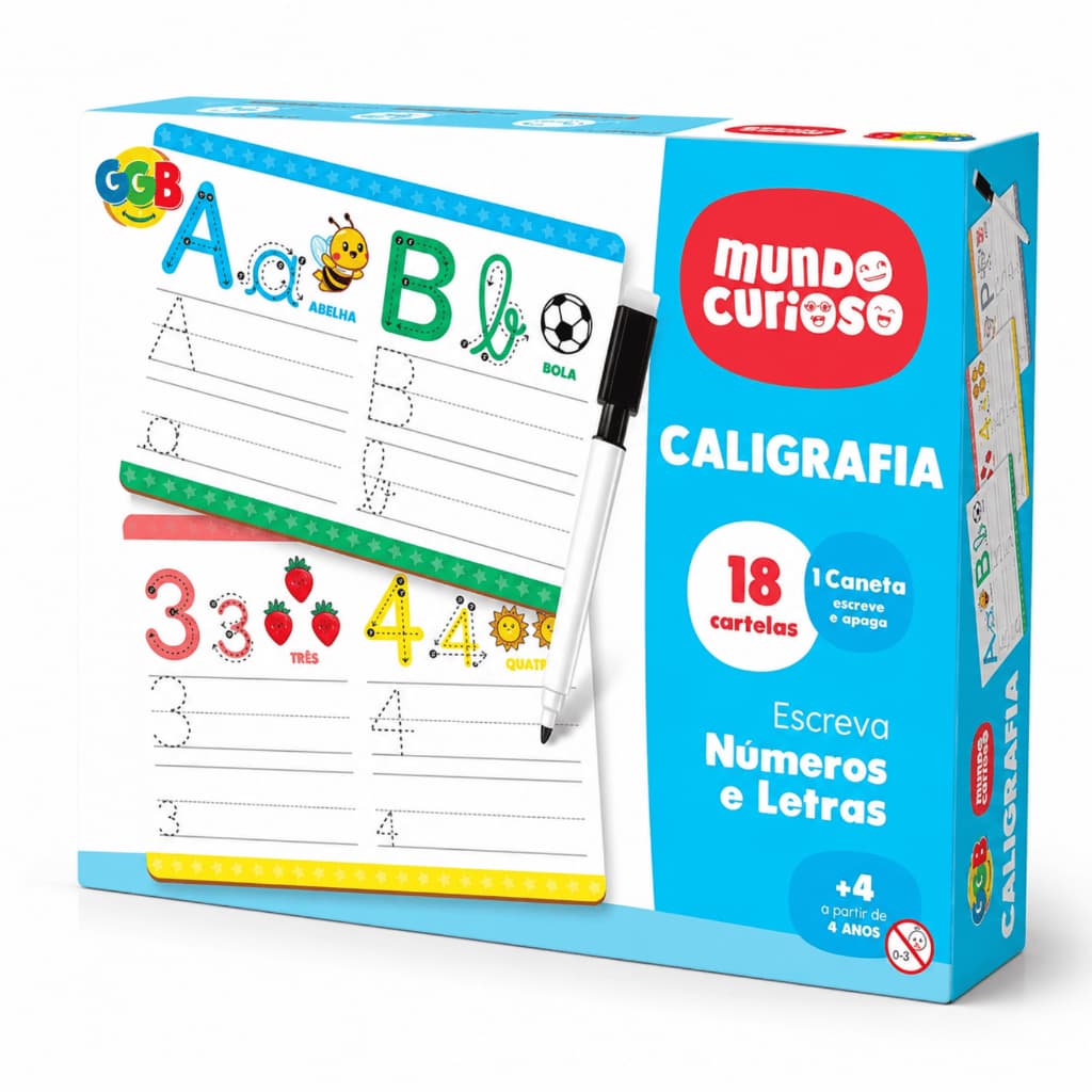 Kit Caligrafia Infantil Reutilizável Com 18 Cartelas Educativas e Caneta Escreve Apaga