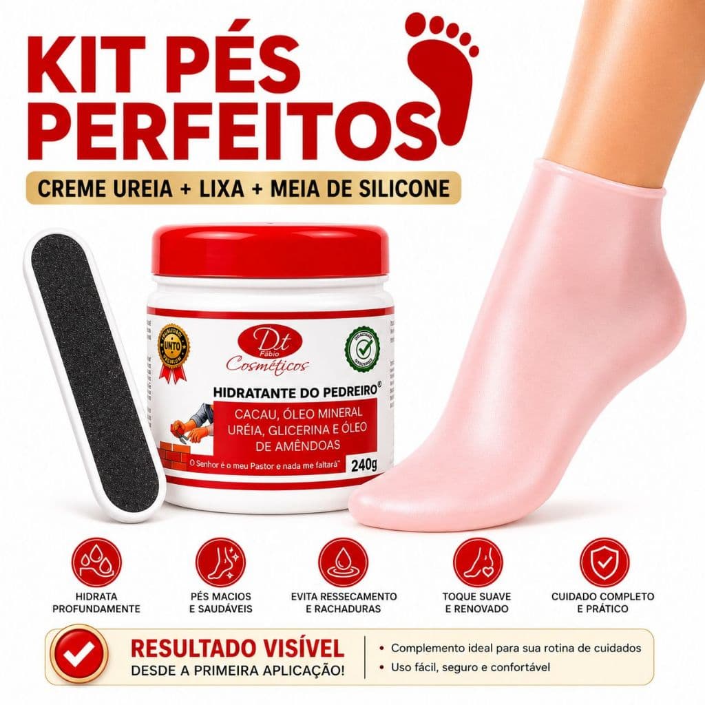 Kit Pés Perfeitos Creme do Pedreiro 240g + Meia de Silicone + Lixa Profissional Anti Rachaduras e Calos Ultra Hidratante