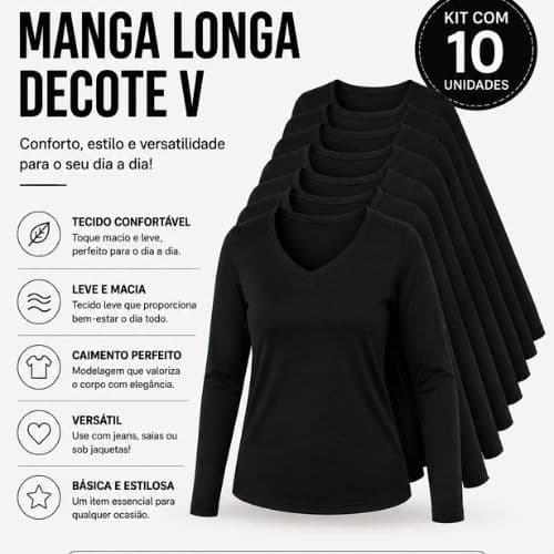 Kit 10 Camiseta Blusas Manga Longa Feminina Viscolycra Lisa Gola V Segunda Pele Básica Casual