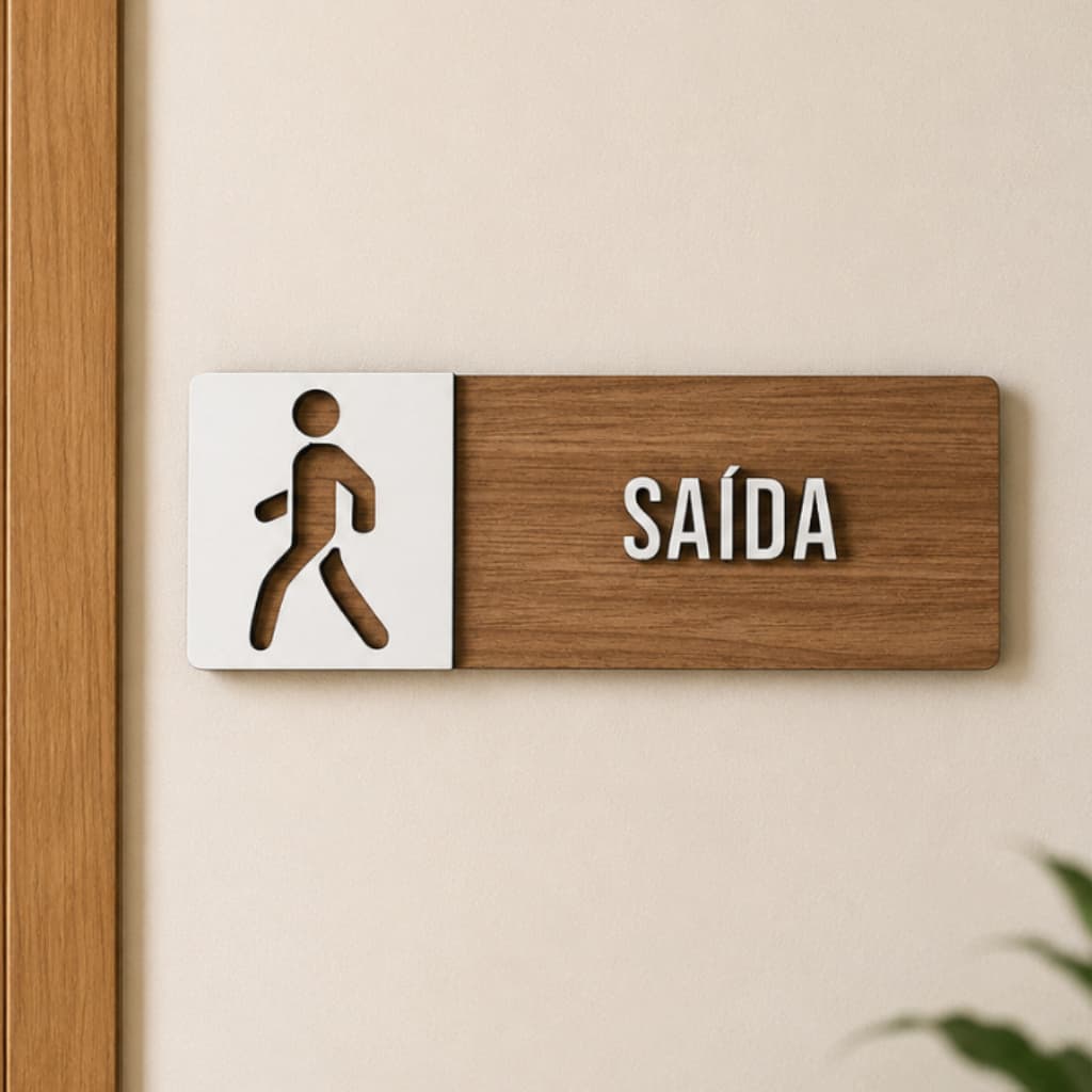 Placa de Sinalização Saída em MDF Alto Relevo 9x25 cm com Fita Dupla Face