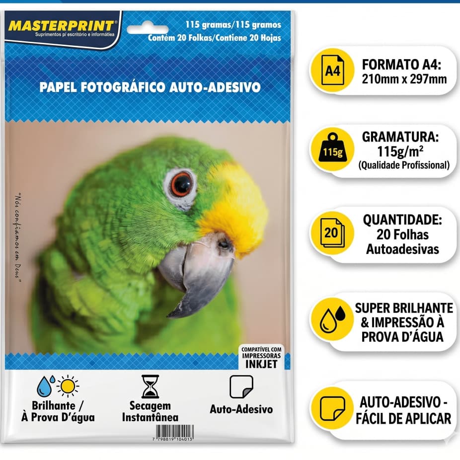 Papel Fotografico Adesivo 115g 20 Folhas Glossy A4 Masterprint