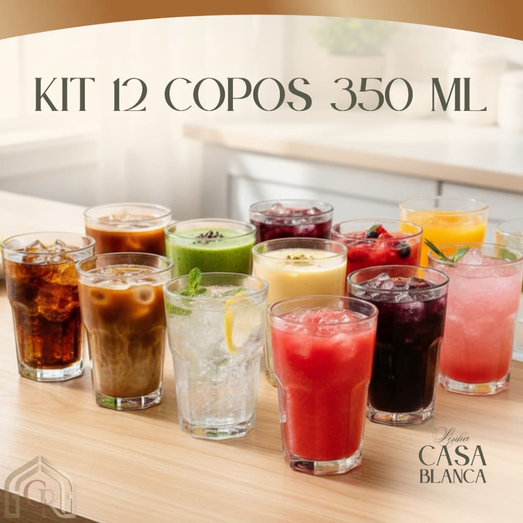 Jogo 6 ou 12 Copos de Vidro Kit Casa Blanca 350ml Água Refrigerante Suco Vitaminas Mesa Posta