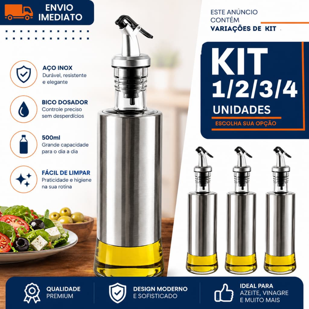 Galheteiro Azeiteiro Inox 500ml 1/2/3/4 com Bico Dosador Anti Gotejamento Porta Azeite Premium Cozinha Gourmet