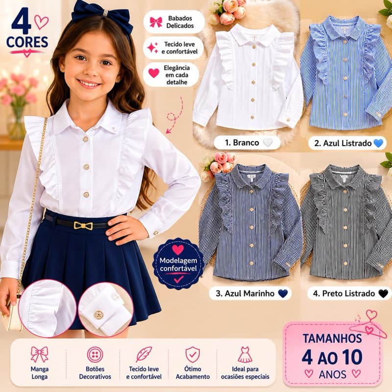 Blusa Social Infantil Manga Longa com Babados e Botões Luxo Menina 4 ao 10