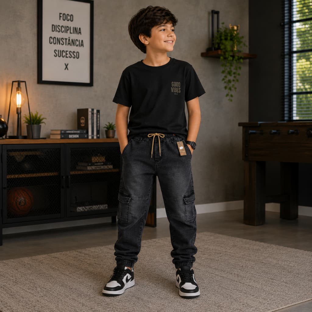 Calça Jeans Cargo Juvenil Masculina Jogger Com Elastano Elástico Cintura 10 ao 16