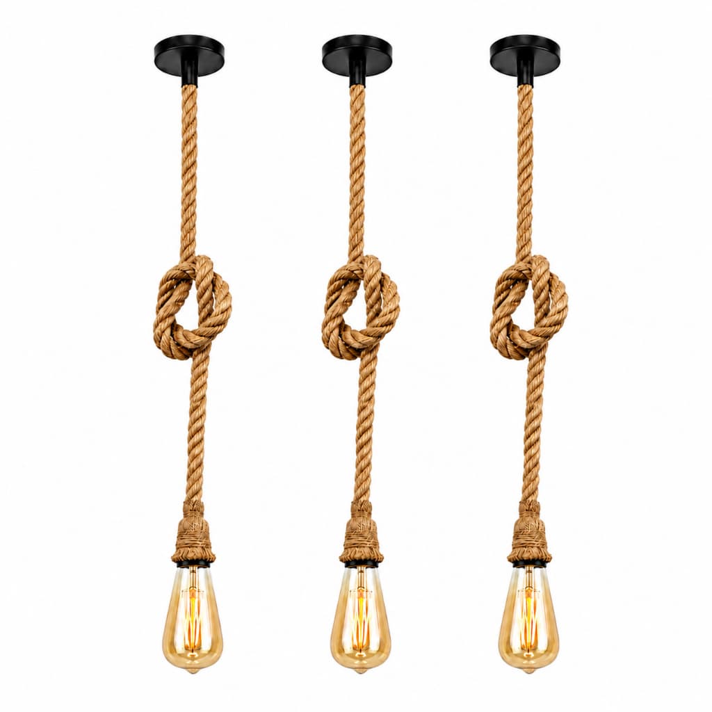 Kit 3 Pendente Lustre Luminária Vintage Corda Sisal Rústico Com Soquete Canopla De Metal Fio Teto