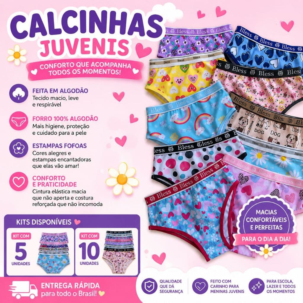 Kit Calcinha Juvenil Infantil Algodão Forro 100% Algodão Meninas Elástico Exposto