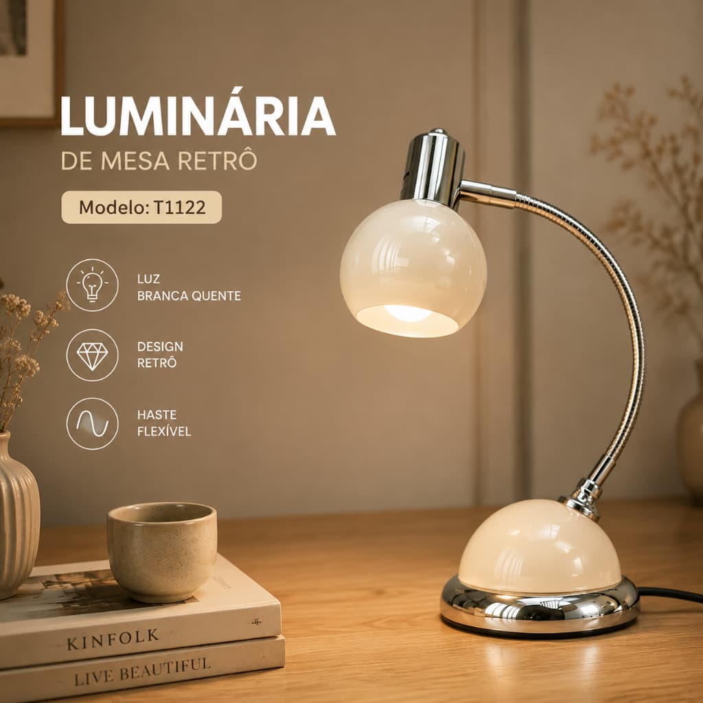 Abajur de Mesa LED Retro Vintage Bivolt 5.5W Haste Flexível 3 Temperaturas Luz Leitura Estudo Trabalho Quarto Decoração