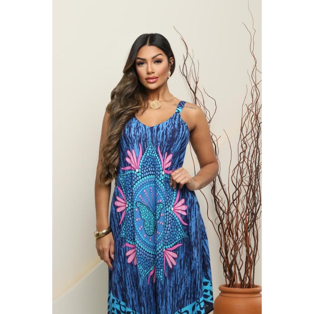 Vestido Trapézio Longo Azul Estampado Boho Indiano Feminino Soltinho Artesanal Tamanho Único