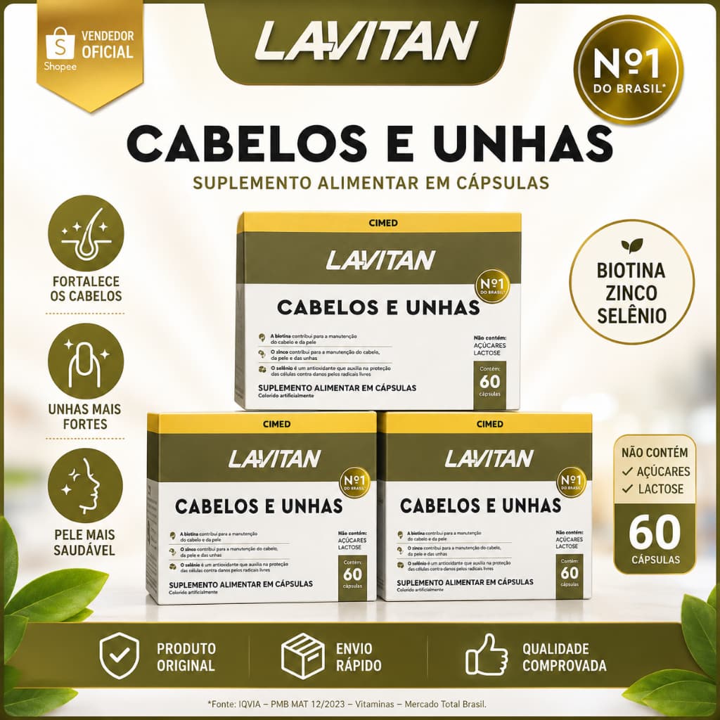 Lavitan Cabelos e Unhas Polivitamínico 60 Cápsulas Vitaminas para Crescimento Fortalecimento Queda de Cab