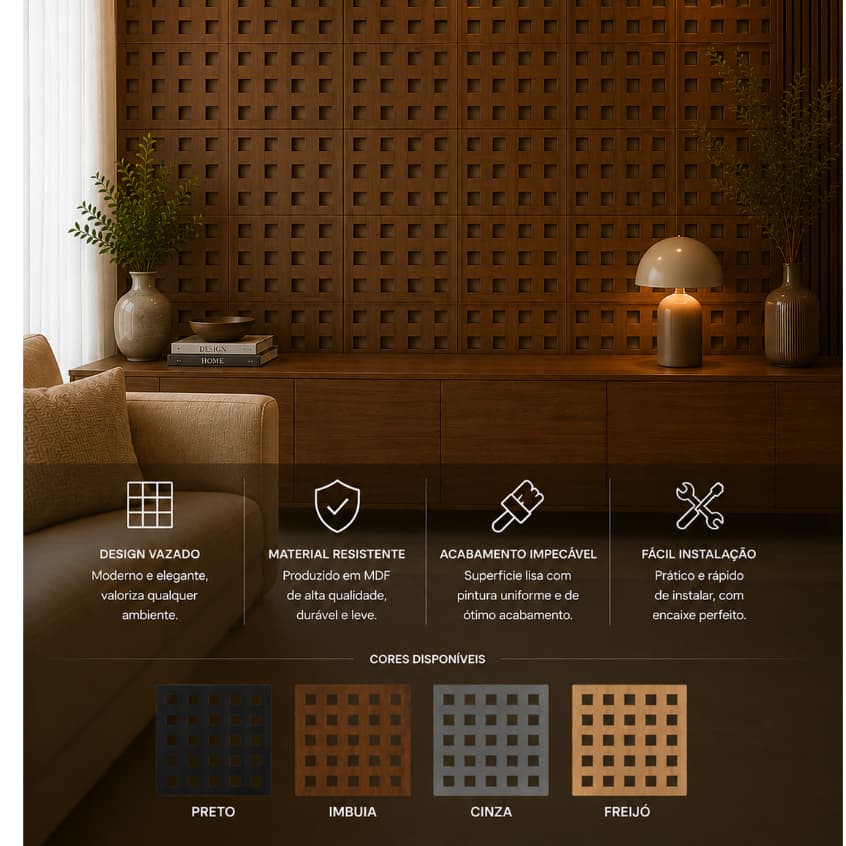 Kit até 40 Placas Painel Muxarabi Decorativo Mdf Autocolante 30x30cm