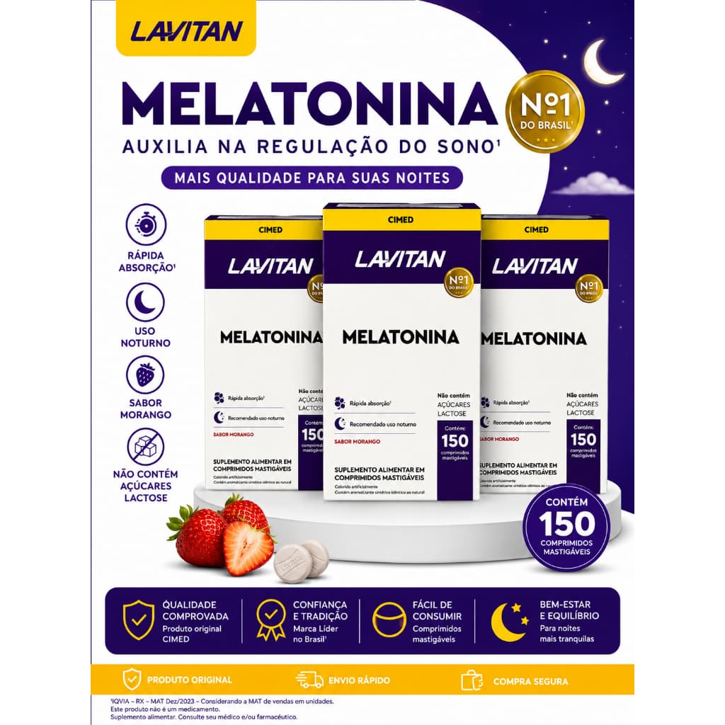 Lavitan Melatonina Morango 150 Comprimidos Suplemento Alimentar – Auxilia no Sono, Relaxamento Qualidade do Sono