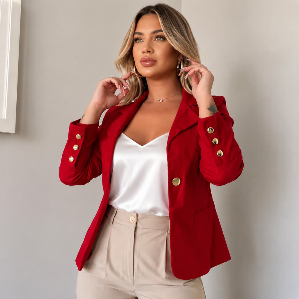Blazer Curto Bengaline com Botões na Manga Escritório Moda Evangélica Alfaiataria