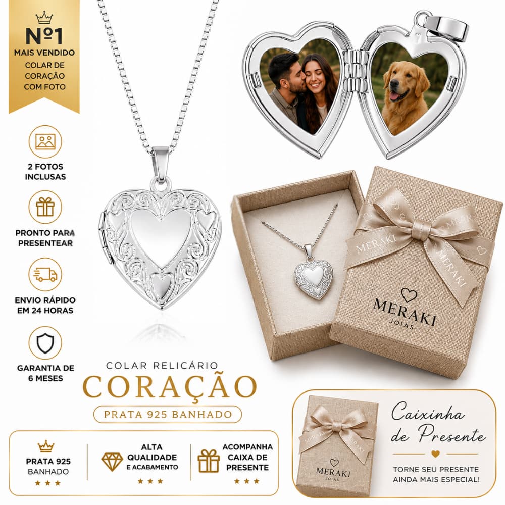 Colar Prata 925 personalizado Relicário Coração Arabesco Banhado a  Gargantilha