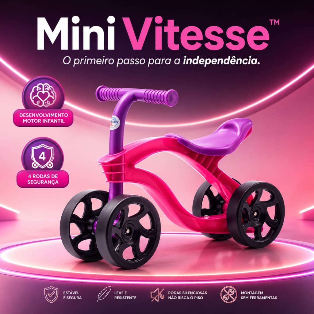Bicicleta de Equilíbrio Infantil 4 Rodas Sem Pedal Rosa Mini Vitesse™ Desenvolvimento Motor +1 Ano
