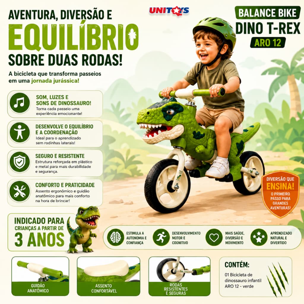 Bicicleta de Equilíbrio Infantil Dinossauro RexVelo™ com Luz e Som Balance Bike Aro 12