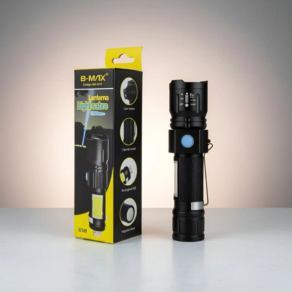 Lanterna Tática Magnética Led Recarregável com Luz de Emergência Vermelha COB Zoom e USB Sabre DeLuz