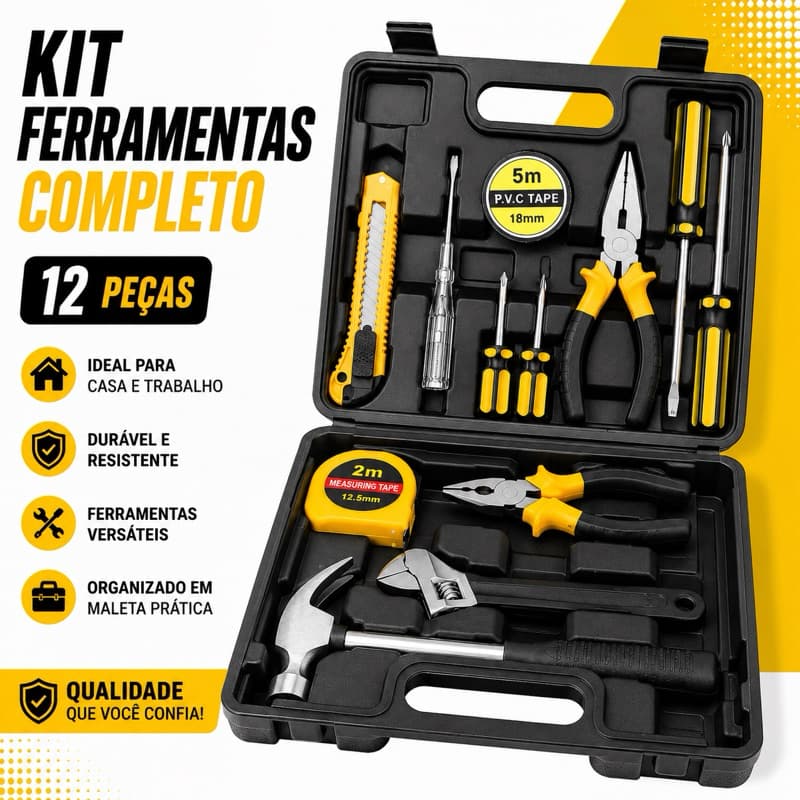 kit de Ferramentas 12 Peças Completa Uso profissional com Alicate Chave Martelo trena