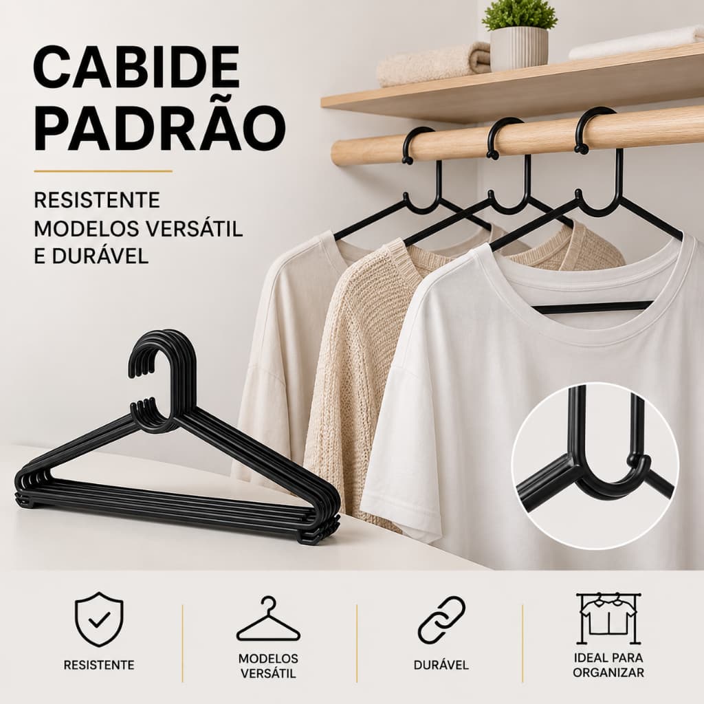 Cabide Adulto Preto Para Roupas Reforçado Kit 10 a 60 Cabides Resistente Organizador