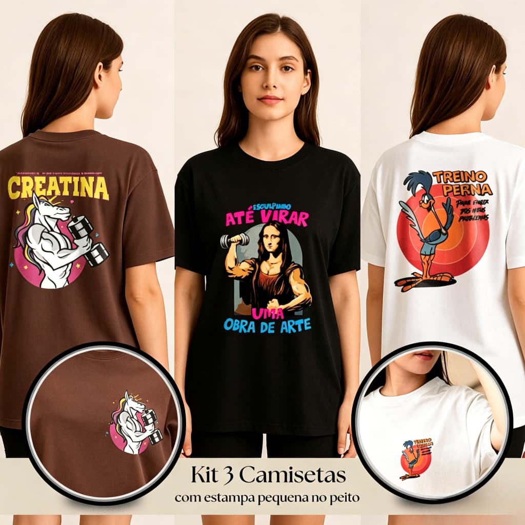 3pcs Camisetas de Academia Feminina Conjunto Fitness 100% Algodão Camiseta Larga Leve Treino