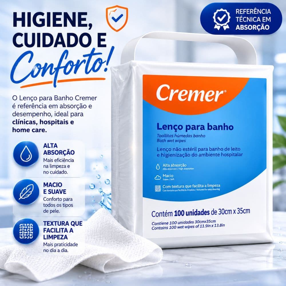 Lenço Para Banho Cremer 100 Unidades Higiene Corporal Toalha 30x35cm