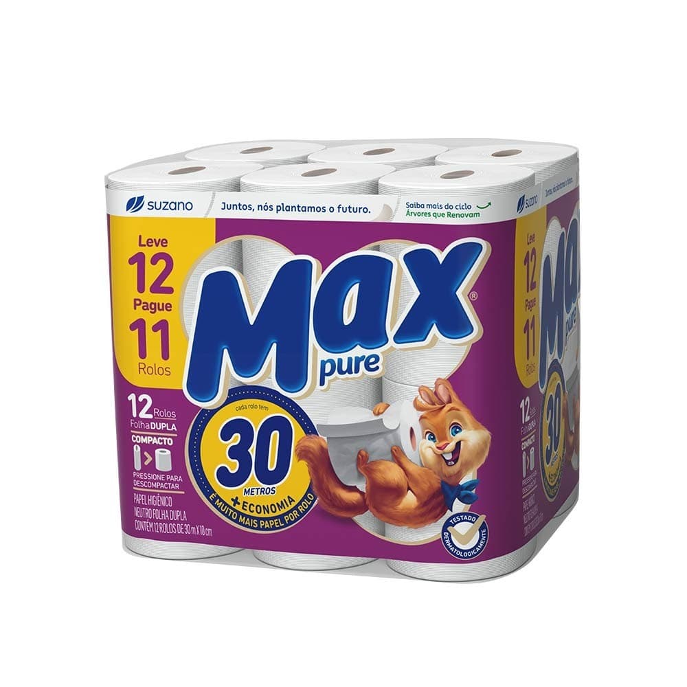 Papel Higiênico Folha Dupla Macio 30m Neutro Max Pure 12 Unidades Rolos