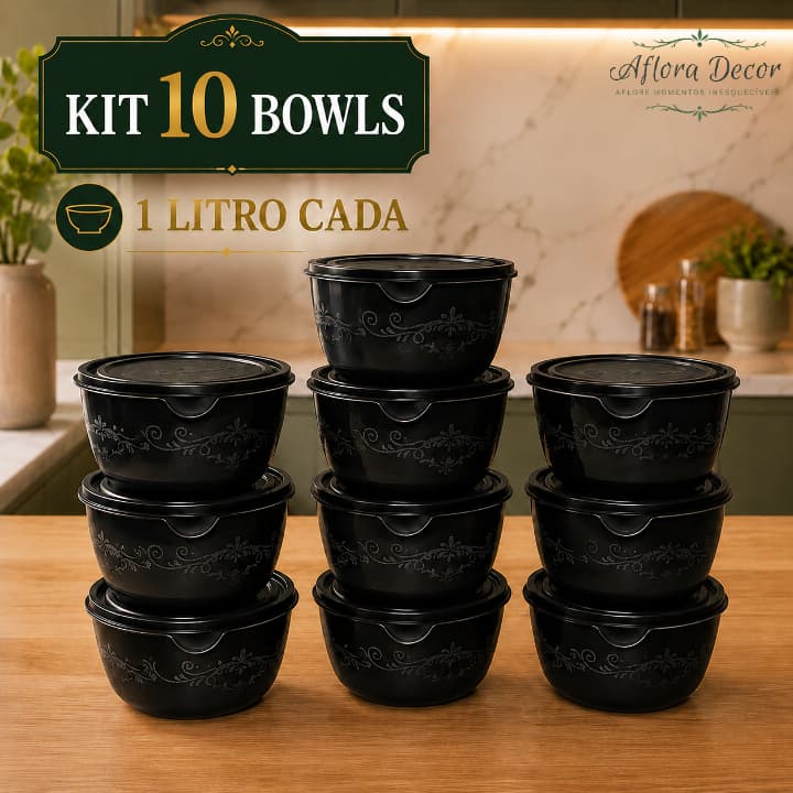 Kit Potes Bowl 1L Tampa BPA Free Marmita Tigela Freezer Microondas Cozinha Organizador