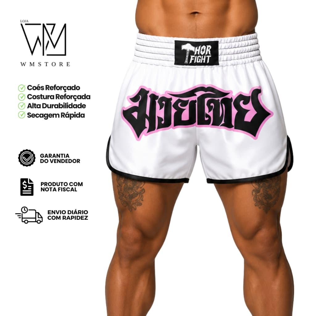 Short Muay Thai Unissex Branco Rosa MMA Kickboxing Thor Fight Premium Envio Rápido