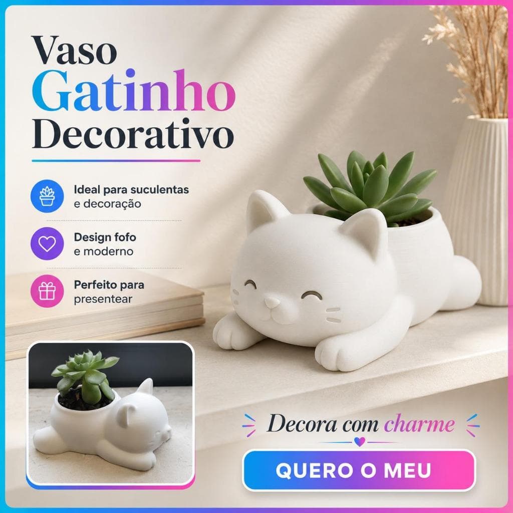 Vaso Gatinho Decorativo para Suculentas I Decoração Moderna 3D