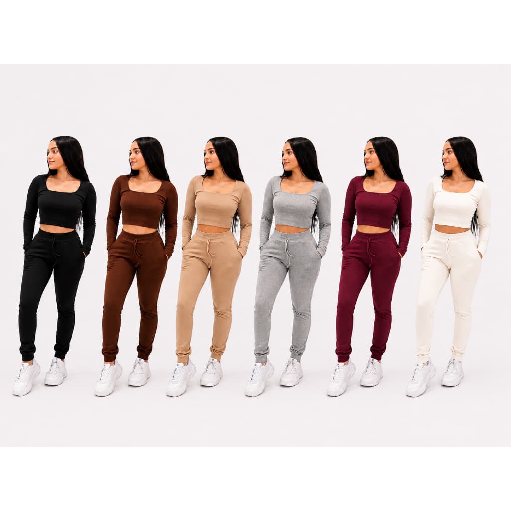 Conjunto Feminino top com manga e calça com bolso anarruga blogueirinha