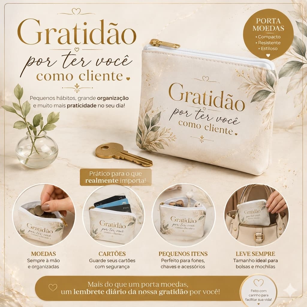 Porta Moeda Gratidão Por Ter Você Como Cliente Brinde Personalizado Lembrancinha Porta Níquel 12x9cm