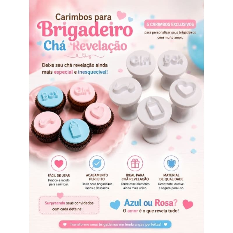 Kit Cortador Carimbo Boy Or Girl Brigadeiro, Beijinho para Chá Revelação