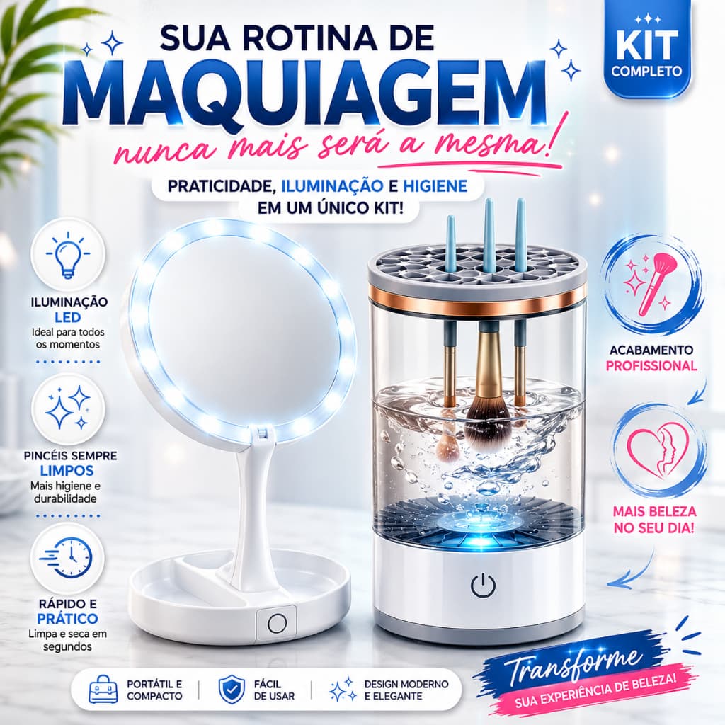 Kit Maquiagem Profissional: Espelho Camarim LED + Lavador Automático de Pincéistico