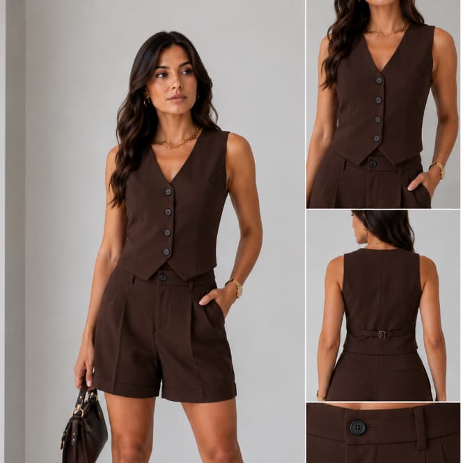 Conjunto Feminino Alfaiataria Social Colete Com Botões e Short Com Bolsos Estilo Moderno
