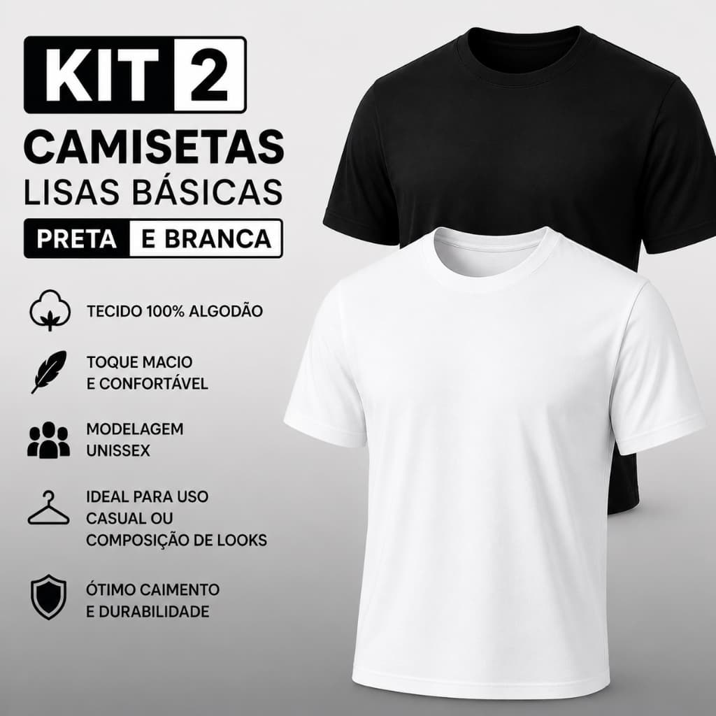 Kit 2 Camisetas Unissex Básicas Lisas Preta e Branca 100% Algodão