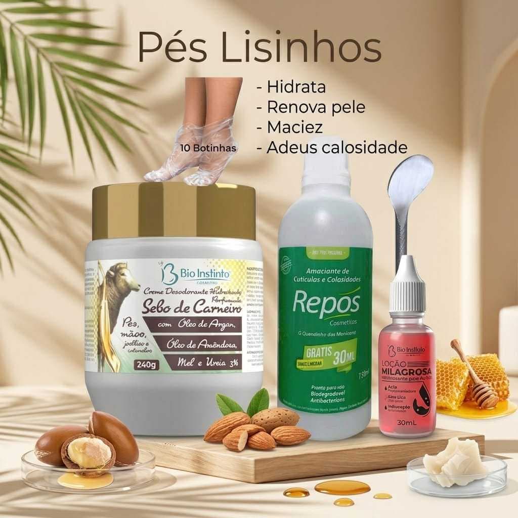 Spa dos Pés Repós - Amaciante  Calos 150ml + Espatula 222 +10 Botinhas+ loção Milagrosa+ Creme sebo carneiro argan 240gr