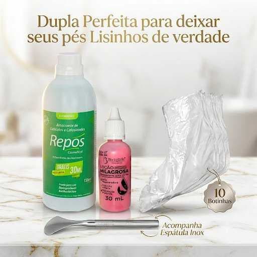 Kit Spa dos Pés 👣 | Repôs 150ml + Loção Milagrosa 💧 + Espátula Inox 222 🛠️ + 10 Botinhas 🧦 | Remove Calos + Hidratante