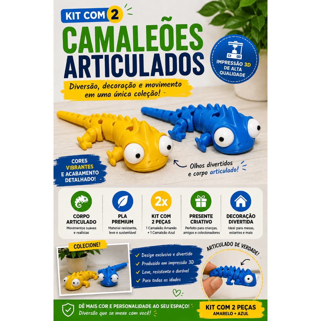 KIT 2 CAMALEÕES ARTICULADOS - BRINQUEDO DECORAÇÃO