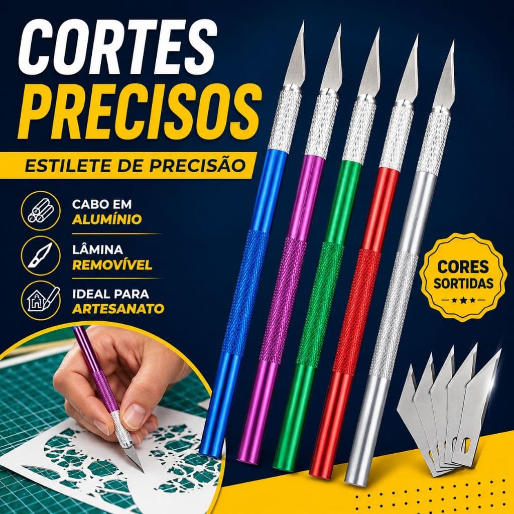 Estilete de Precisão Bisturi de Alumínio para Artesanato Leve e Ergonômico 6 Lâminas Corte Detalhado