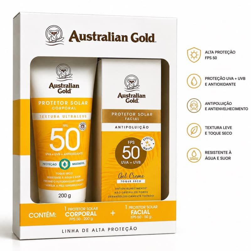 ☀️ Kit Australian Gold FPS 50 Corporal + Facial – Proteção Completa para o Dia a Dia